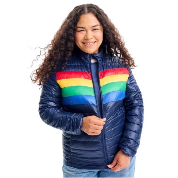 Primary Rainbow Bright Stripe Lightweight Puffer Navy Jacket, Womens size Medium - Picture 4 of 11